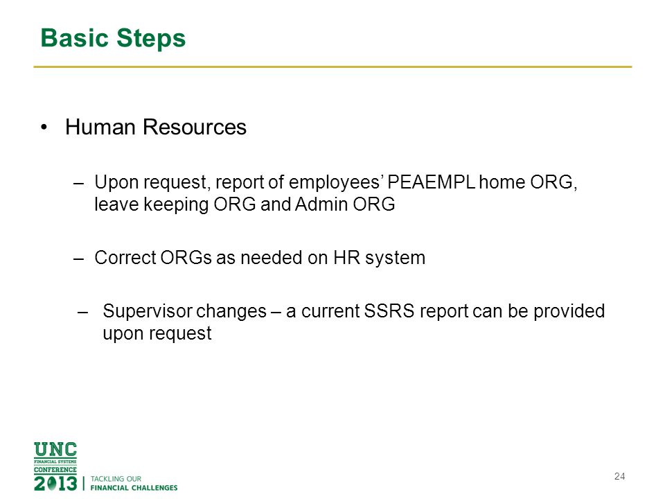 Basic Steps Human Resources –Upon request, report of employees’ PEAEMPL home ORG, leave keeping ORG and Admin ORG –Correct ORGs as needed on HR system –Supervisor changes – a current SSRS report can be provided upon request 24