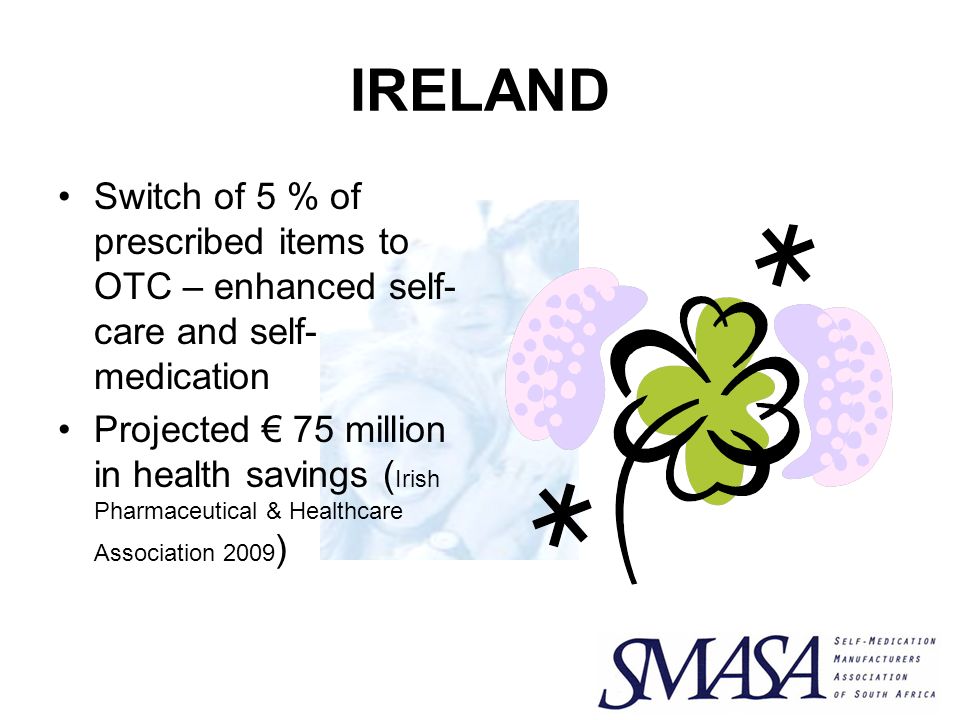 IRELAND Switch of 5 % of prescribed items to OTC – enhanced self- care and self- medication Projected € 75 million in health savings ( Irish Pharmaceutical & Healthcare Association 2009 )