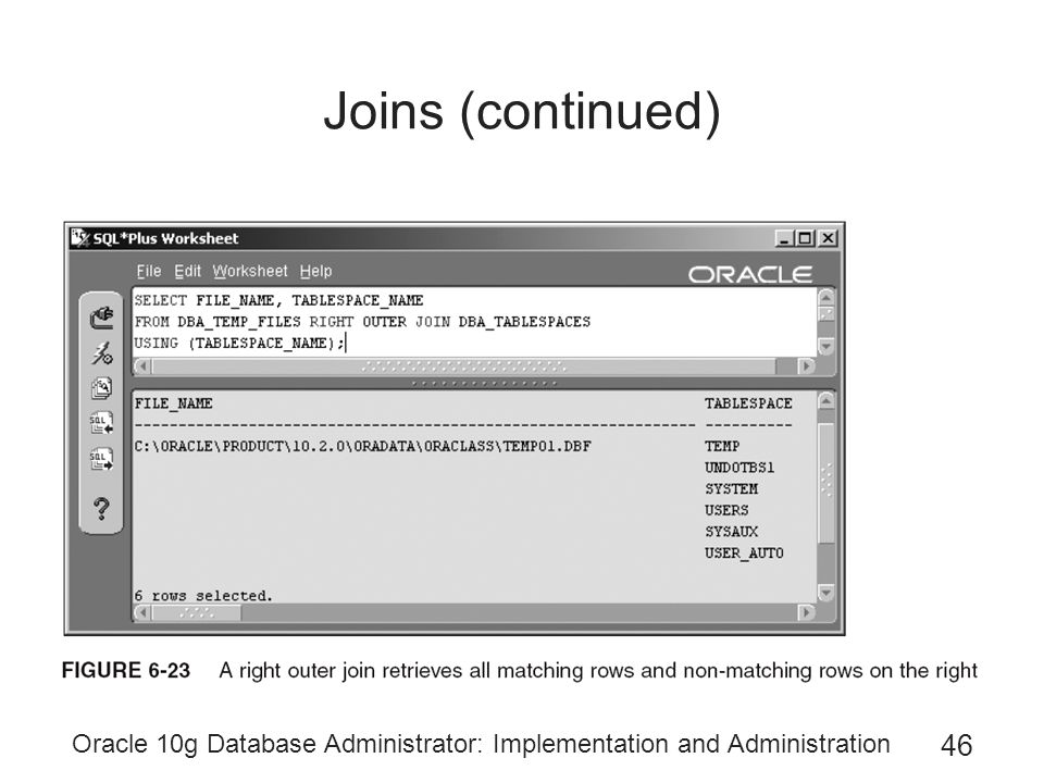 Oracle 10g Database Administrator: Implementation and Administration 46 Joins (continued)