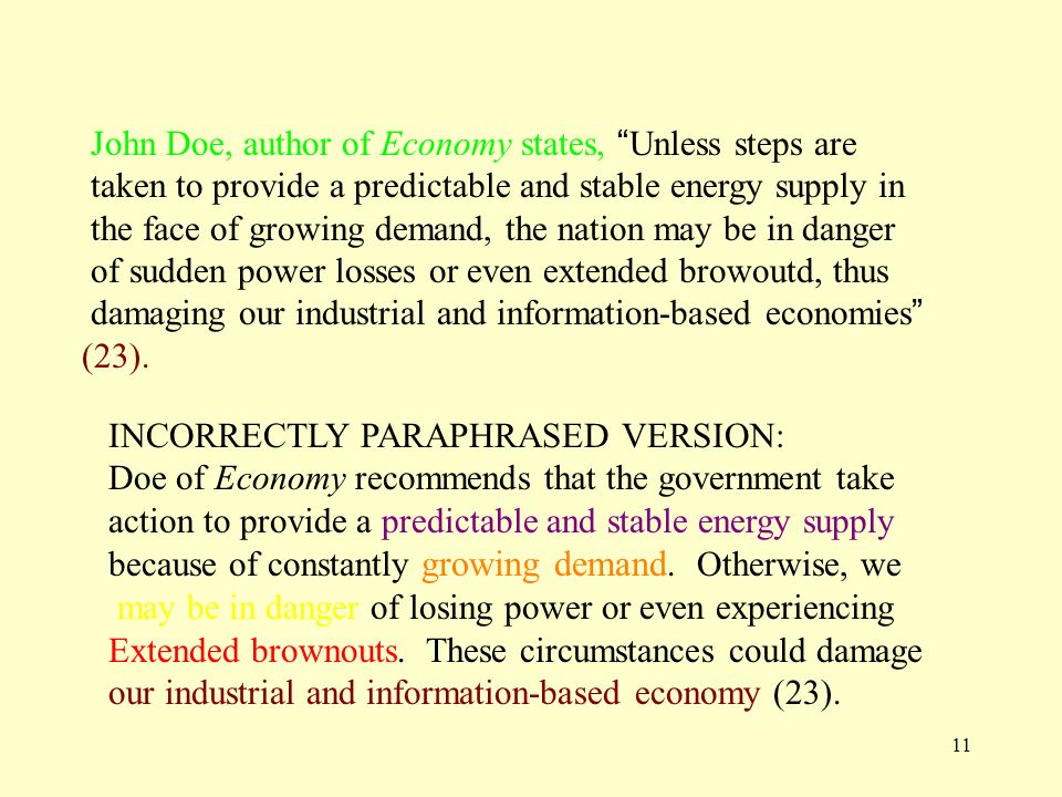11 John Doe, author of Economy states, Unless steps are taken to provide a predictable and stable energy supply in the face of growing demand, the nation may be in danger of sudden power losses or even extended browoutd, thus damaging our industrial and information-based economies (23).
