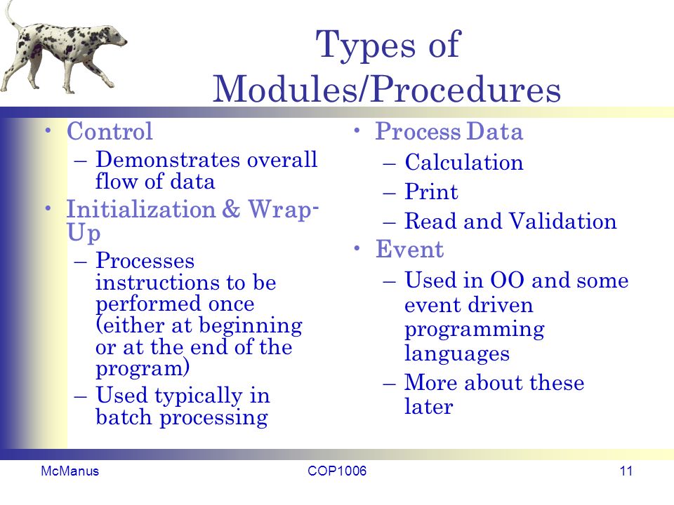 Types of Modules/Procedures Control –Demonstrates overall flow of data Initialization & Wrap- Up –Processes instructions to be performed once (either at beginning or at the end of the program) –Used typically in batch processing Process Data –Calculation –Print –Read and Validation Event –Used in OO and some event driven programming languages –More about these later McManusCOP100611