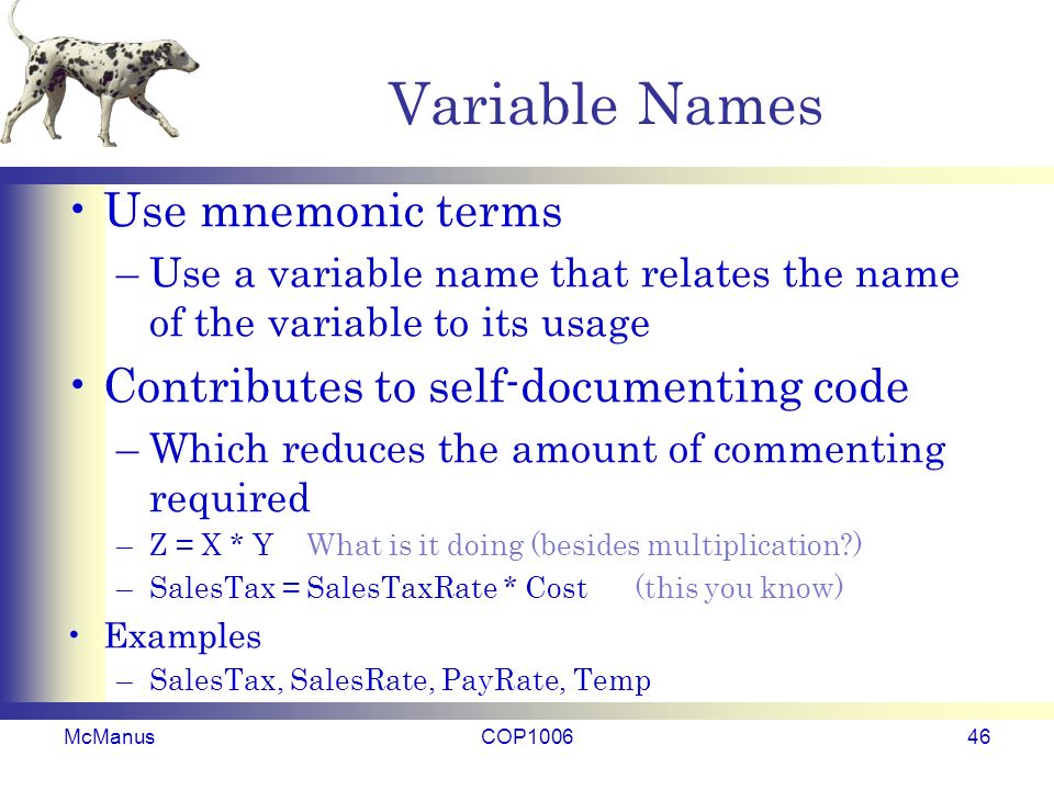 Variable Names Use mnemonic terms –Use a variable name that relates the name of the variable to its usage Contributes to self-documenting code –Which reduces the amount of commenting required –Z = X * Y What is it doing (besides multiplication ) –SalesTax = SalesTaxRate * Cost (this you know) Examples –SalesTax, SalesRate, PayRate, Temp McManusCOP100646