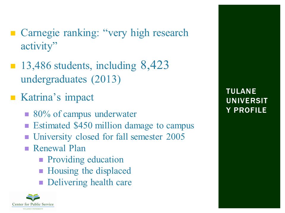 TULANE UNIVERSIT Y PROFILE Carnegie ranking: very high research activity 13,486 students, including 8,423 undergraduates (2013) Katrina’s impact 80% of campus underwater Estimated $450 million damage to campus University closed for fall semester 2005 Renewal Plan Providing education Housing the displaced Delivering health care
