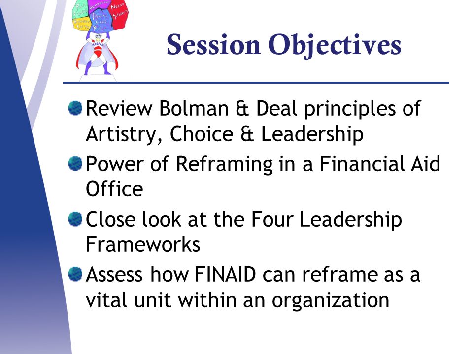 Session Objectives Review Bolman & Deal principles of Artistry, Choice & Leadership Power of Reframing in a Financial Aid Office Close look at the Four Leadership Frameworks Assess how FINAID can reframe as a vital unit within an organization