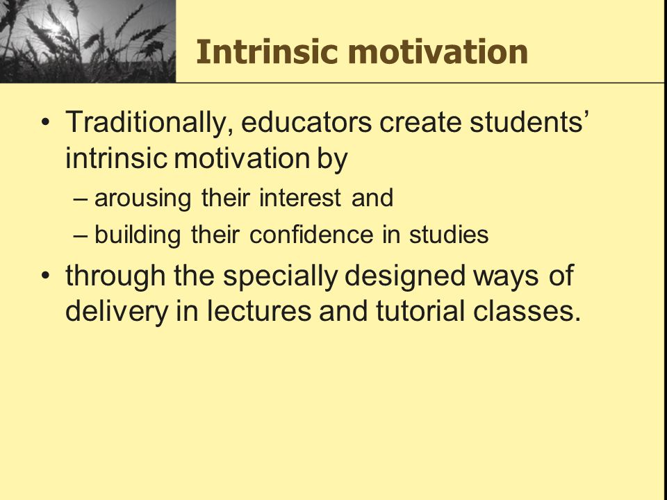Intrinsic motivation Traditionally, educators create students’ intrinsic motivation by –arousing their interest and –building their confidence in studies through the specially designed ways of delivery in lectures and tutorial classes.