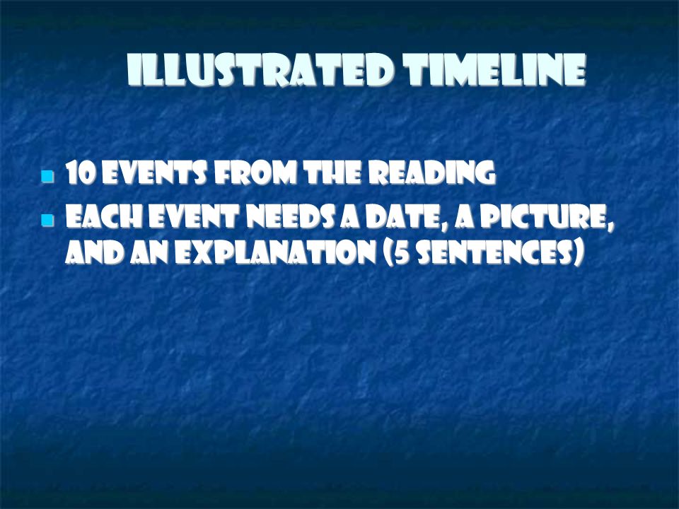 Illustrated Timeline 10 events from the reading 10 events from the reading Each event needs a date, a picture, and an explanation (5 sentences) Each event needs a date, a picture, and an explanation (5 sentences)