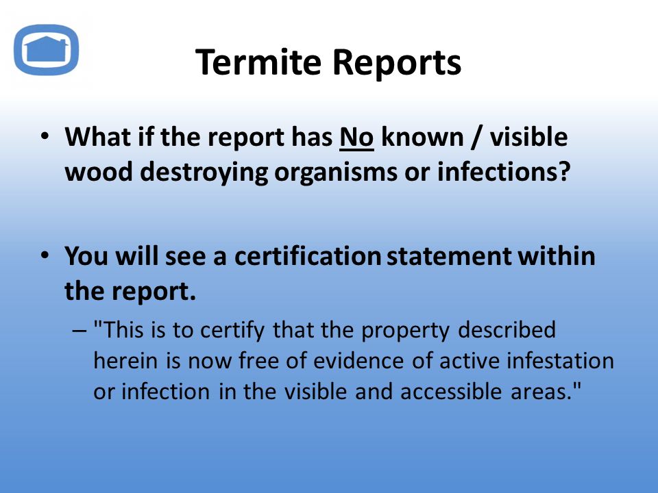 Termite Reports What if the report has No known / visible wood destroying organisms or infections.