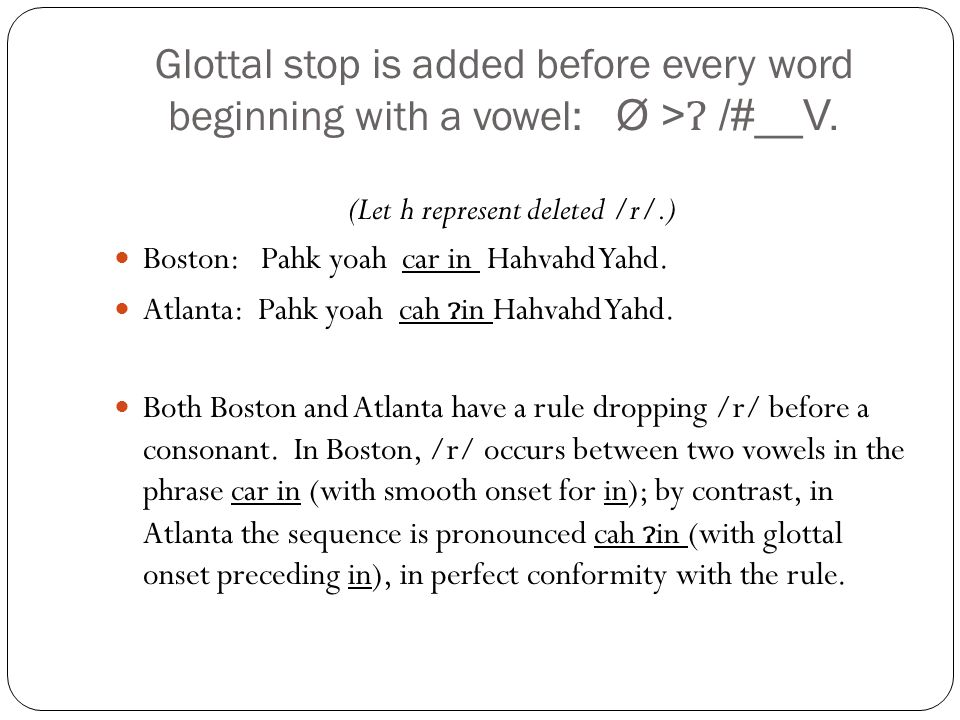 Glottal stop is added before every word beginning with a vowel: Ø > /#__V.