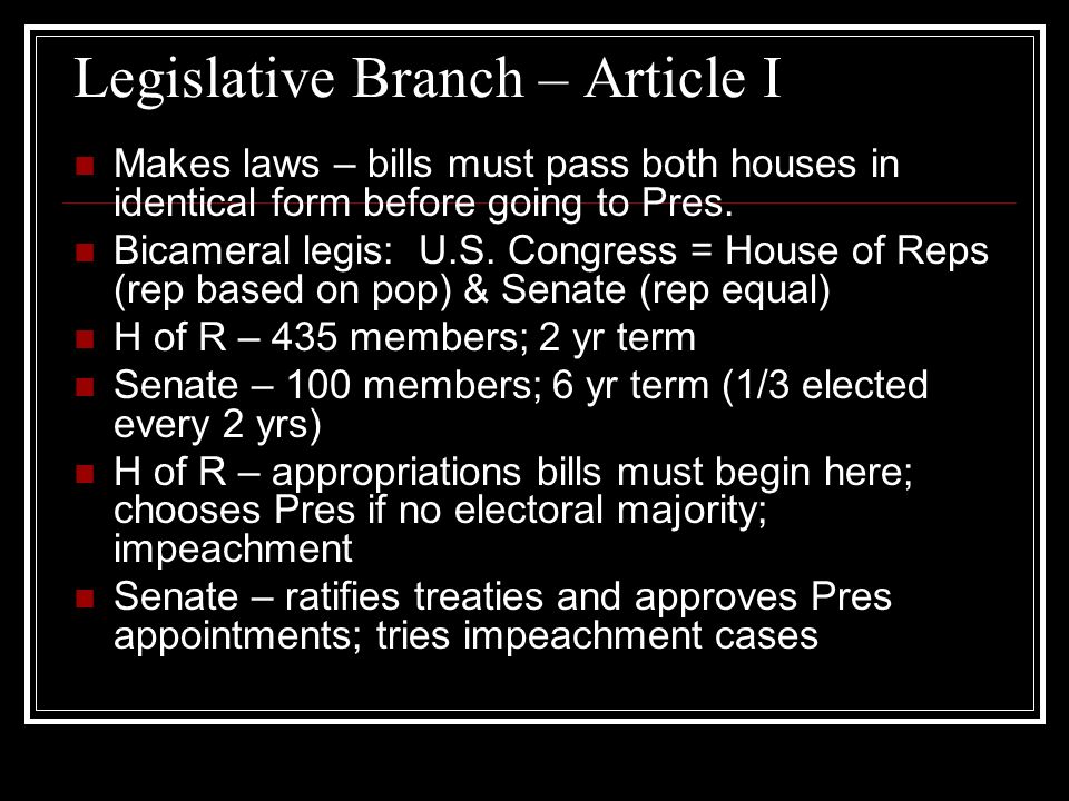 Legislative Branch – Article I Makes laws – bills must pass both houses in identical form before going to Pres.