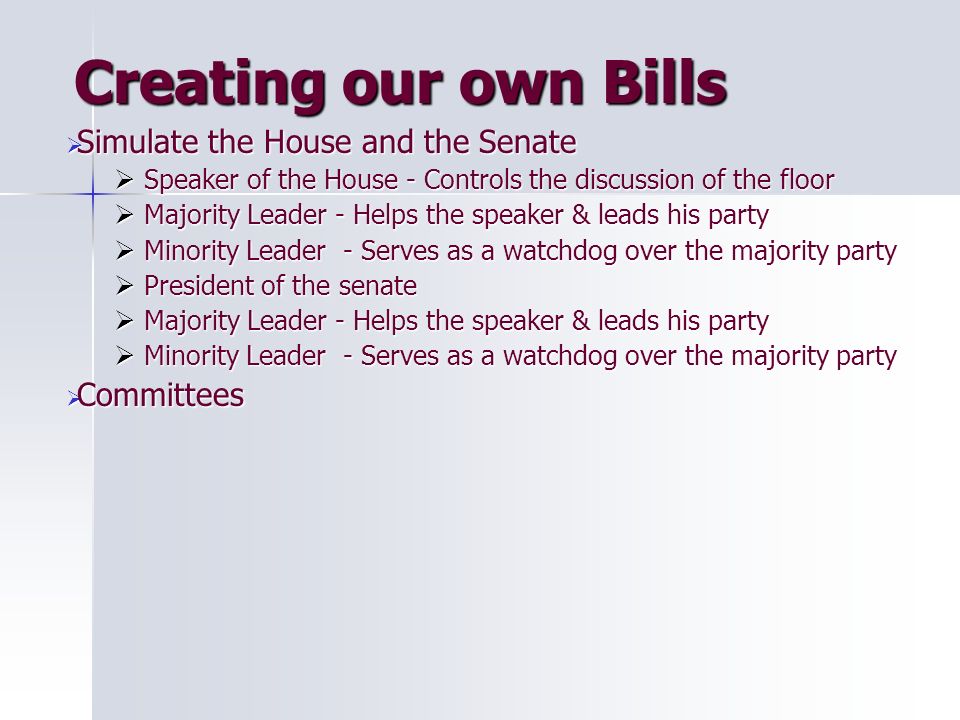 Creating our own Bills  Simulate the House and the Senate  Speaker of the House - Controls the discussion of the floor  Majority Leader - Helps the speaker & leads his party  Minority Leader - Serves as a watchdog over the majority party  President of the senate  Majority Leader - Helps the speaker & leads his party  Minority Leader - Serves as a watchdog over the majority party  Committees