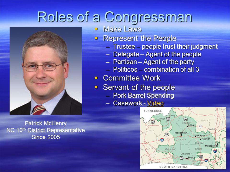 Roles of a Congressman  Make Laws  Represent the People –Trustee – people trust their judgment –Delegate – Agent of the people –Partisan – Agent of the party –Politicos – combination of all 3  Committee Work  Servant of the people –Pork Barrel Spending –Casework - VideoVideo Patrick McHenry NC 10 th District Representative Since 2005