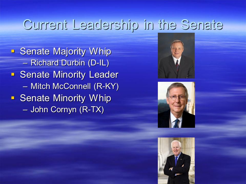 Current Leadership in the Senate  Senate Majority Whip –Richard Durbin (D-IL)  Senate Minority Leader –Mitch McConnell (R-KY)  Senate Minority Whip –John Cornyn (R-TX)