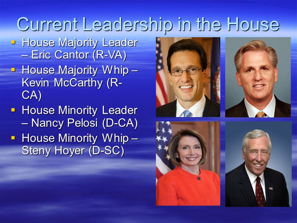 Current Leadership in the House  House Majority Leader – Eric Cantor (R-VA)  House Majority Whip – Kevin McCarthy (R- CA)  House Minority Leader – Nancy Pelosi (D-CA)  House Minority Whip – Steny Hoyer (D-SC)