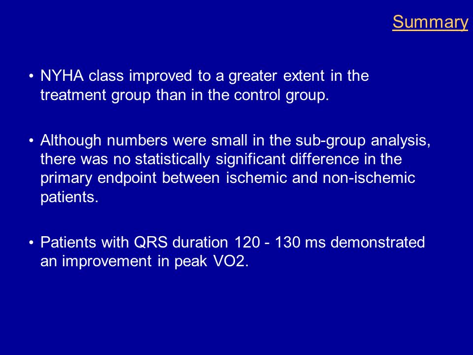 Summary NYHA class improved to a greater extent in the treatment group than in the control group.