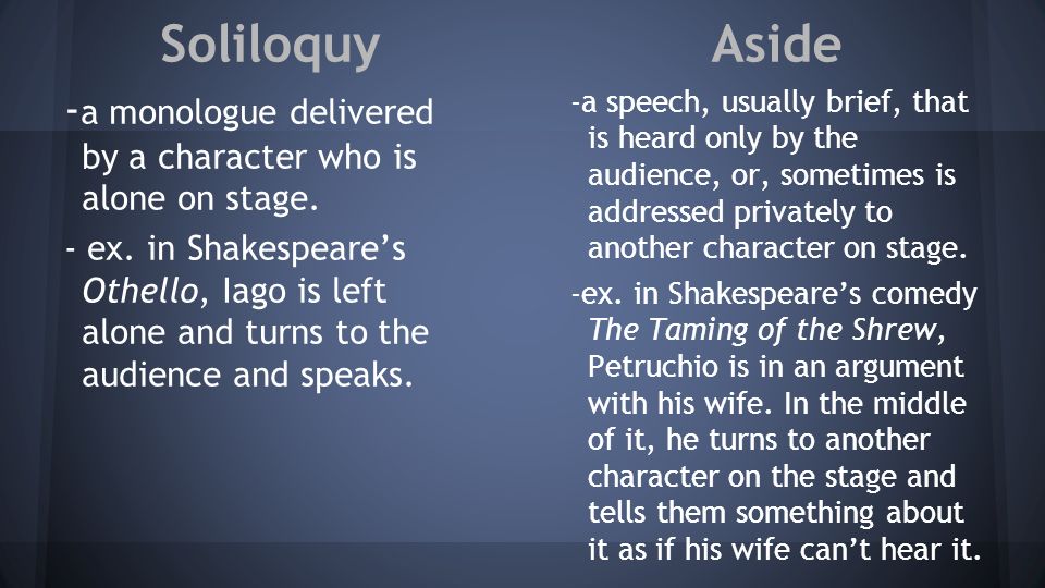 Soliloquy - a monologue delivered by a character who is alone on stage.