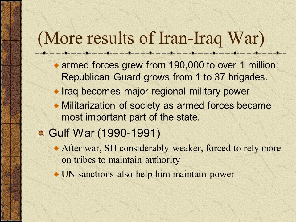 (More results of Iran-Iraq War) armed forces grew from 190,000 to over 1 million; Republican Guard grows from 1 to 37 brigades.