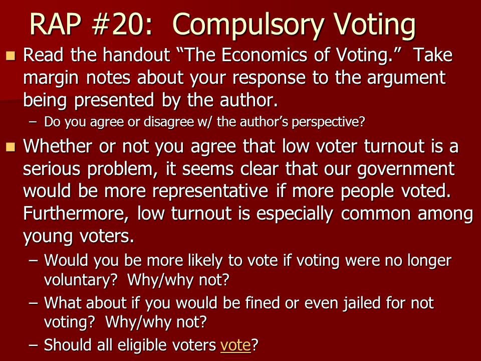 Thesis Statement In Essay Rap Compulsory Voting Read The Handout The Economics Of Voting Take Margin Thesis Statements For Argumentative Essays also Examples Thesis Statements Essays The Candidate Conclusion The Candidate Conclusion Midterm Essay High School Essay Writing