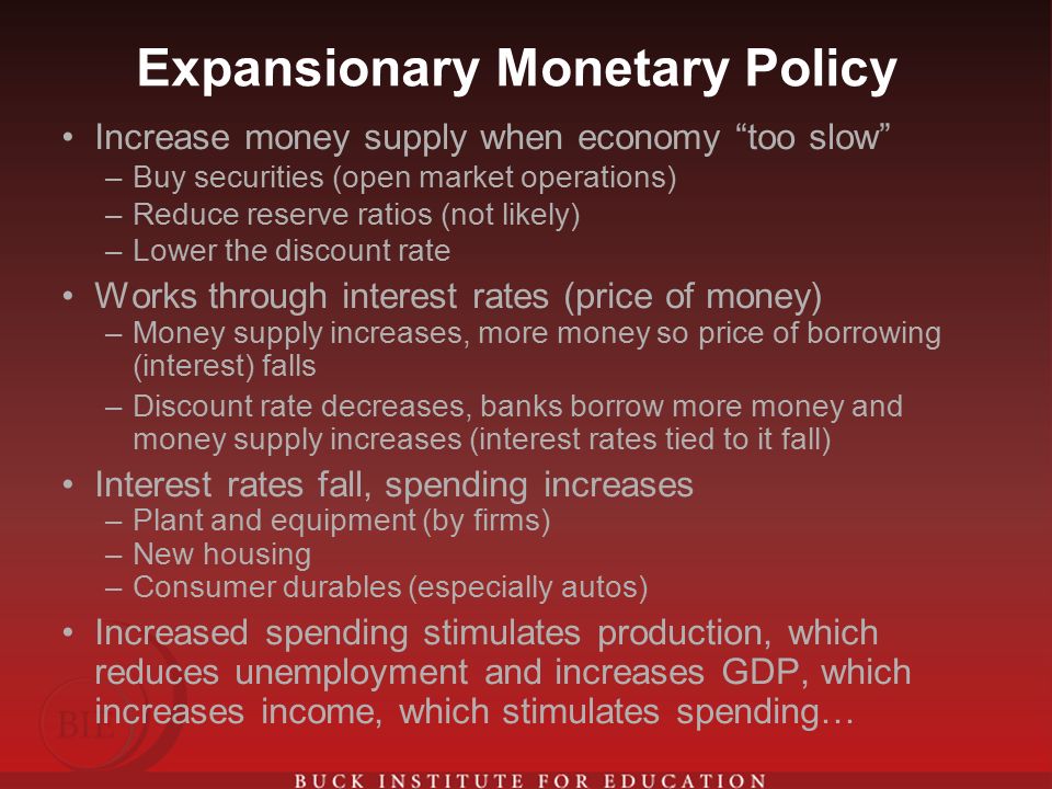 Expansionary Monetary Policy Increase money supply when economy too slow –Buy securities (open market operations) –Reduce reserve ratios (not likely) –Lower the discount rate Works through interest rates (price of money) –Money supply increases, more money so price of borrowing (interest) falls –Discount rate decreases, banks borrow more money and money supply increases (interest rates tied to it fall) Interest rates fall, spending increases –Plant and equipment (by firms) –New housing –Consumer durables (especially autos) Increased spending stimulates production, which reduces unemployment and increases GDP, which increases income, which stimulates spending…