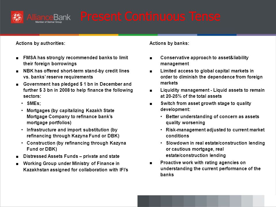 Present Continuous Tense Actions by banks: ■ Conservative approach to asset&liability management ■ Limited access to global capital markets in order to diminish the dependence from foreign markets ■ Liquidity management - Liquid assets to remain at 20-25% of the total assets ■ Switch from asset growth stage to quality development: Better understanding of concern as assets quality worsening Risk-management adjusted to current market conditions Slowdown in real estate/construction lending or cautious mortgage, real estate/construction lending ■ Proactive work with rating agencies on understanding the current performance of the banks Actions by banks: ■ Conservative approach to asset&liability management ■ Limited access to global capital markets in order to diminish the dependence from foreign markets ■ Liquidity management - Liquid assets to remain at 20-25% of the total assets ■ Switch from asset growth stage to quality development: Better understanding of concern as assets quality worsening Risk-management adjusted to current market conditions Slowdown in real estate/construction lending or cautious mortgage, real estate/construction lending ■ Proactive work with rating agencies on understanding the current performance of the banks Actions by authorities: ■ FMSA has strongly recommended banks to limit their foreign borrowings ■ NBK has offered short-term stand-by credit lines vs.