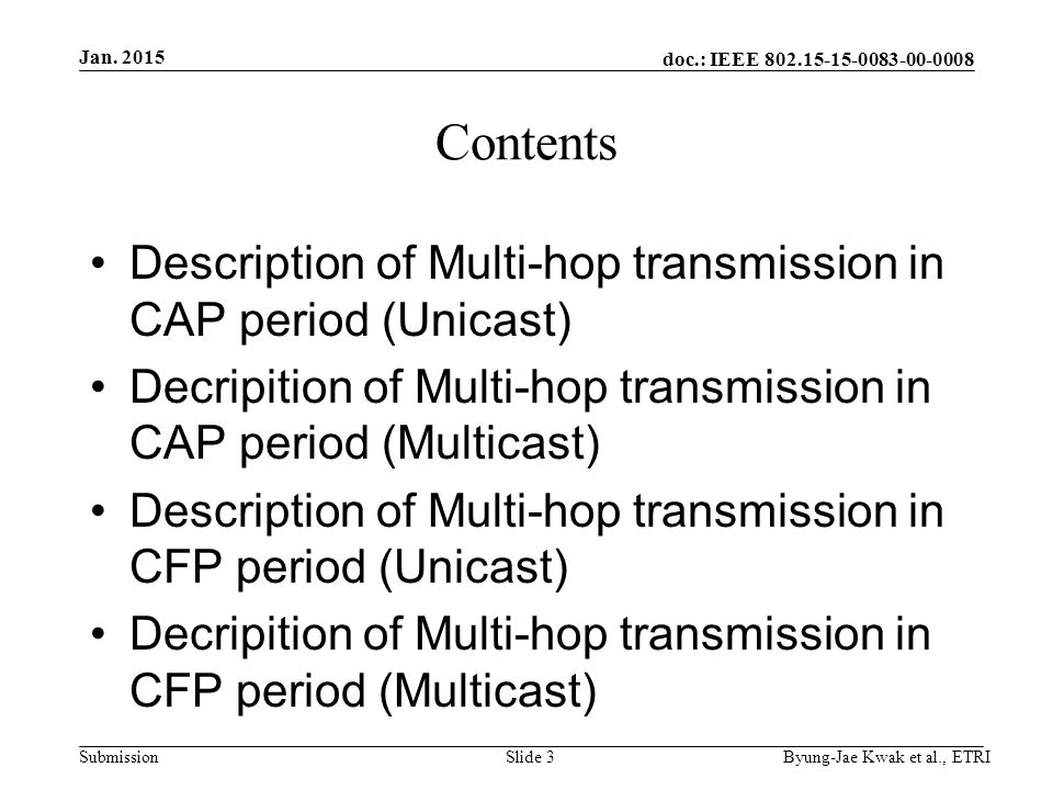 doc.: IEEE Submission Contents Description of Multi-hop transmission in CAP period (Unicast) Decripition of Multi-hop transmission in CAP period (Multicast) Description of Multi-hop transmission in CFP period (Unicast) Decripition of Multi-hop transmission in CFP period (Multicast) Jan.