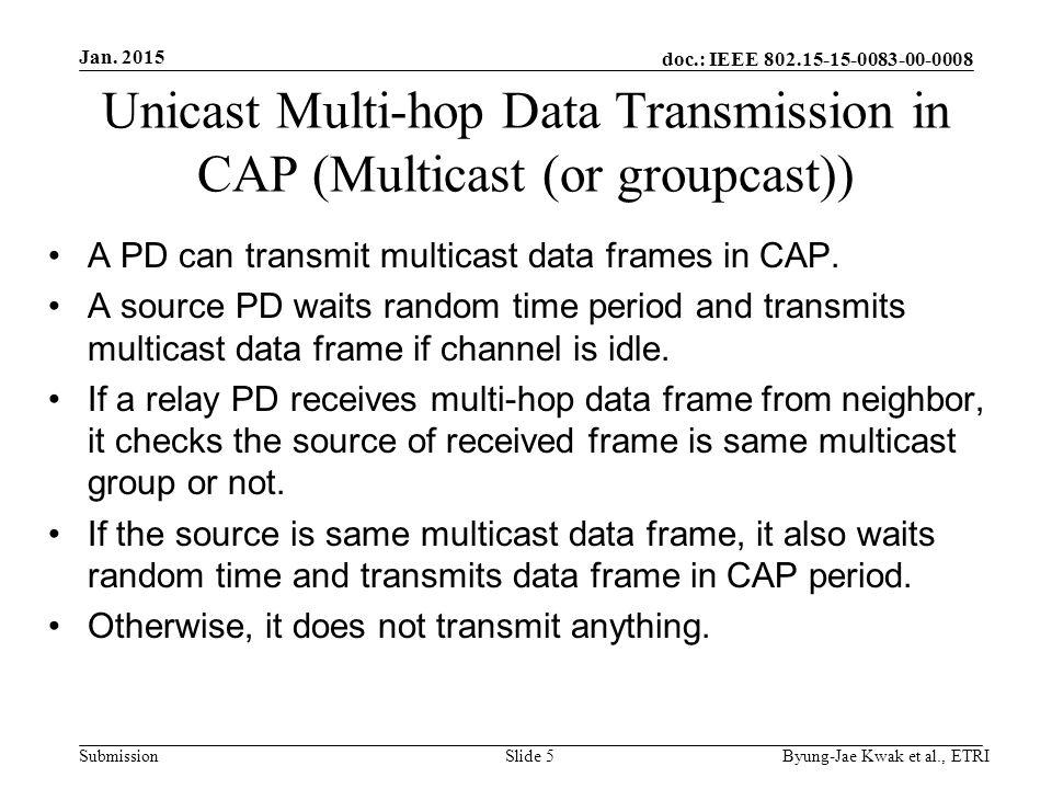 doc.: IEEE Submission Unicast Multi-hop Data Transmission in CAP (Multicast (or groupcast)) A PD can transmit multicast data frames in CAP.
