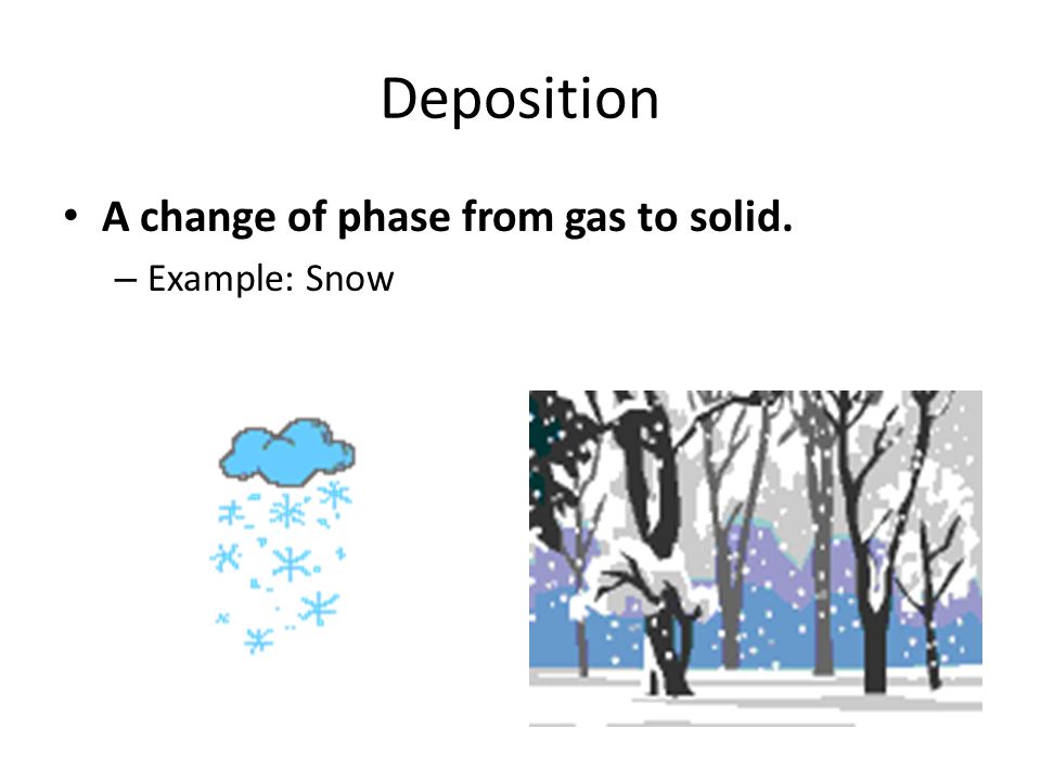 22 deposition a change of phase from gas to solid example snow