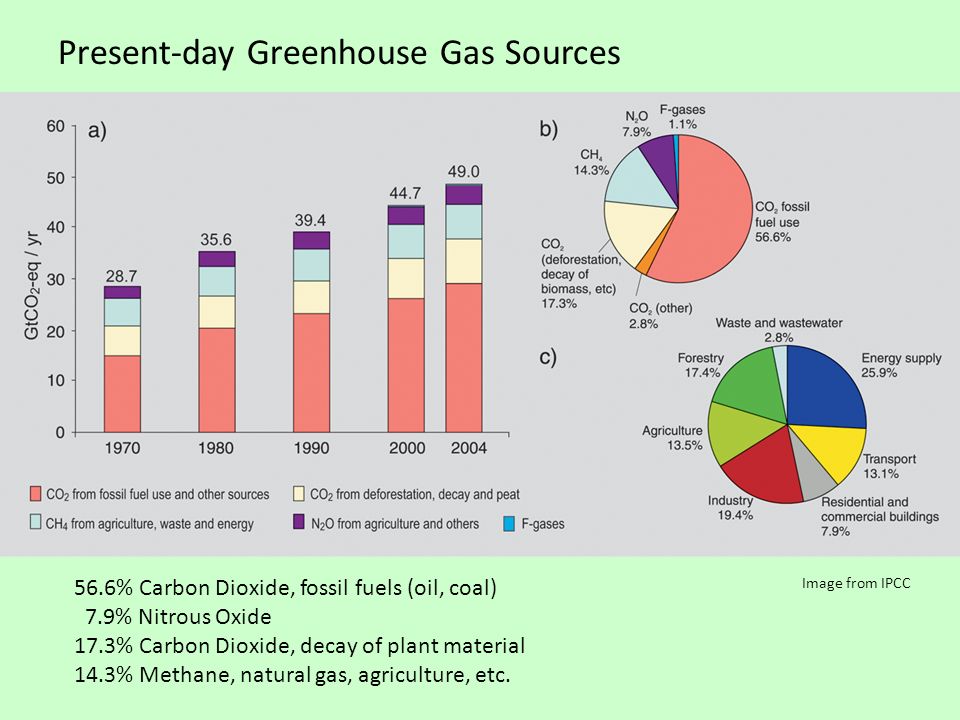 Image from IPCC Present-day Greenhouse Gas Sources 56.6% Carbon Dioxide, fossil fuels (oil, coal) 7.9% Nitrous Oxide 17.3% Carbon Dioxide, decay of plant material 14.3% Methane, natural gas, agriculture, etc.