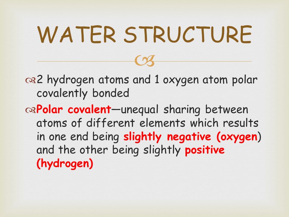   2 hydrogen atoms and 1 oxygen atom polar covalently bonded  Polar covalent—unequal sharing between atoms of different elements which results in one end being slightly negative (oxygen) and the other being slightly positive (hydrogen) WATER STRUCTURE