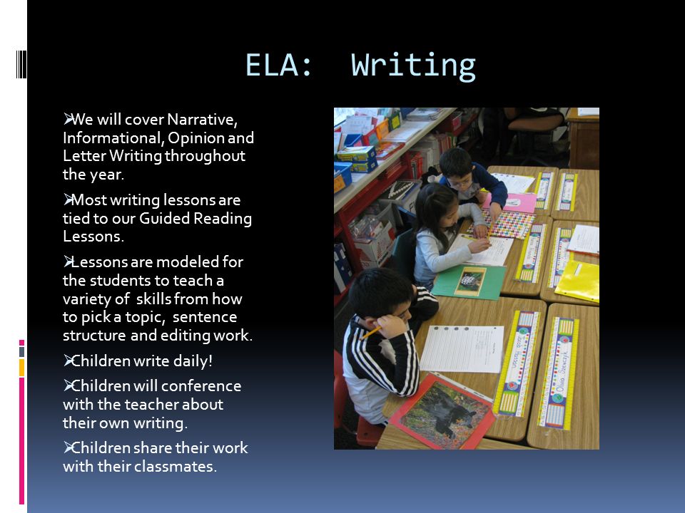 ELA: Writing  We will cover Narrative, Informational, Opinion and Letter Writing throughout the year.
