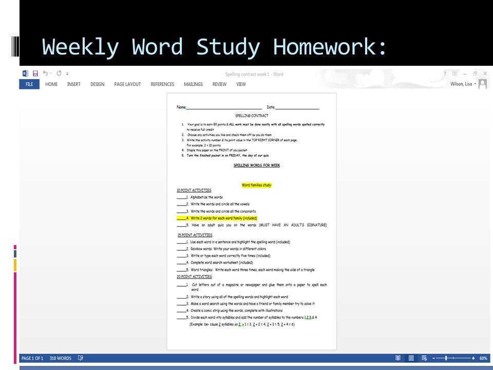Weekly Word Study Homework: