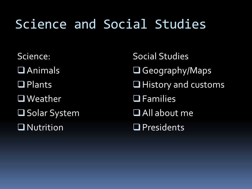 Science and Social Studies Science:  Animals  Plants  Weather  Solar System  Nutrition Social Studies  Geography/Maps  History and customs  Families  All about me  Presidents