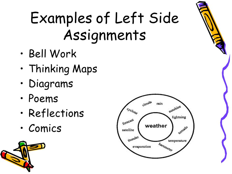 Examples of Left Side Assignments Bell Work Thinking Maps Diagrams Poems Reflections Comics