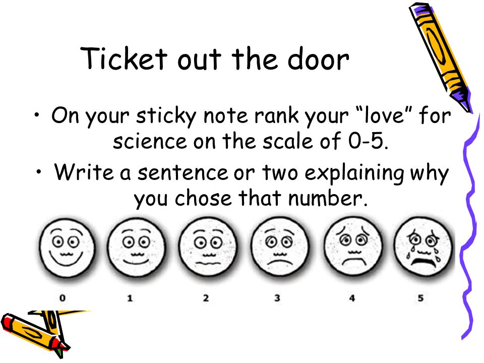 Ticket out the door On your sticky note rank your love for science on the scale of 0-5.