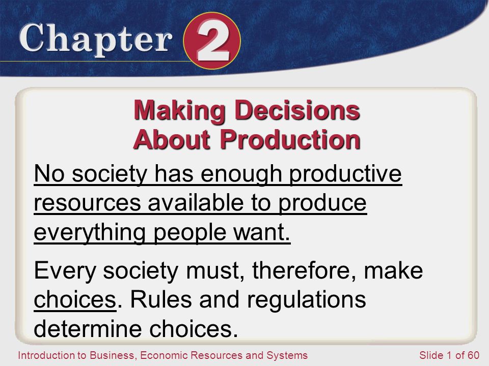 Introduction to Business, Economic Resources and SystemsSlide 1 of 60 Making Decisions About Production No society has enough productive resources available to produce everything people want.