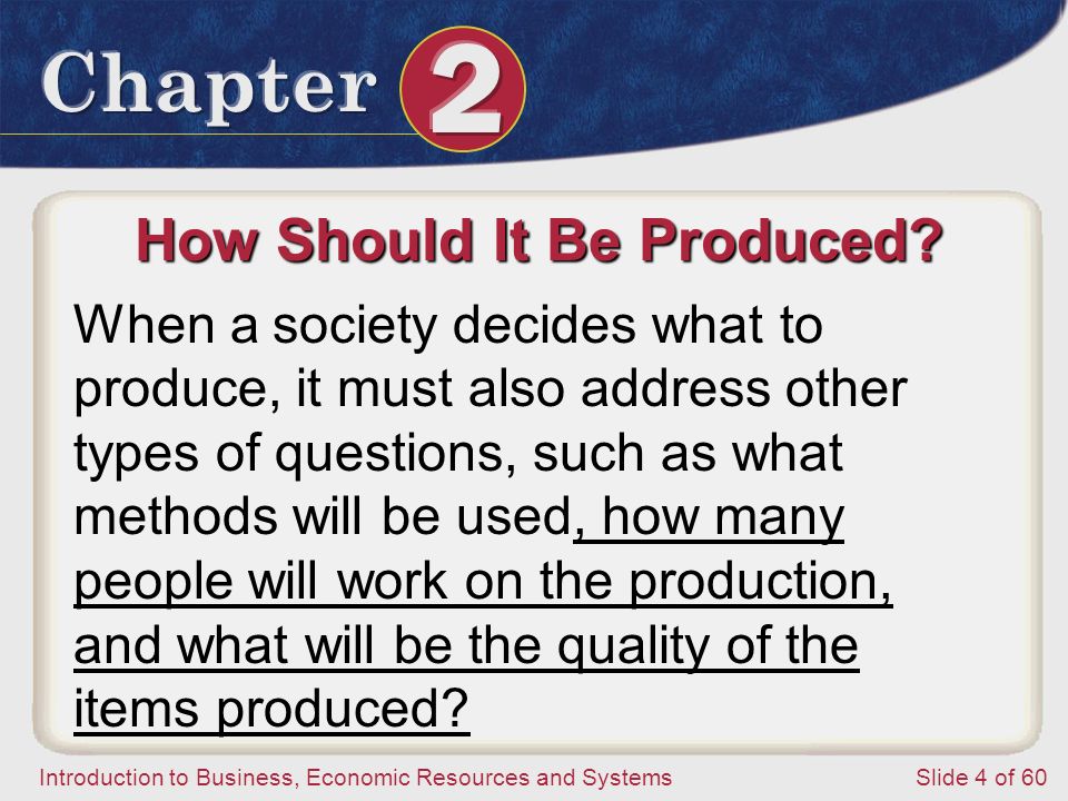 Introduction to Business, Economic Resources and SystemsSlide 4 of 60 How Should It Be Produced.