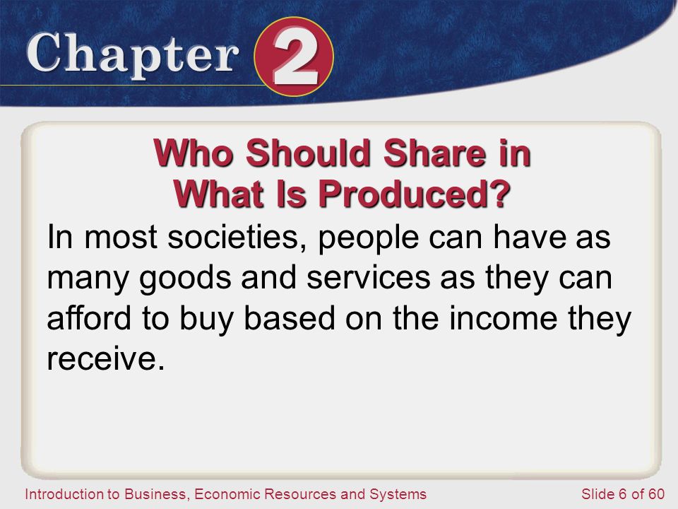 Introduction to Business, Economic Resources and SystemsSlide 6 of 60 Who Should Share in What Is Produced.