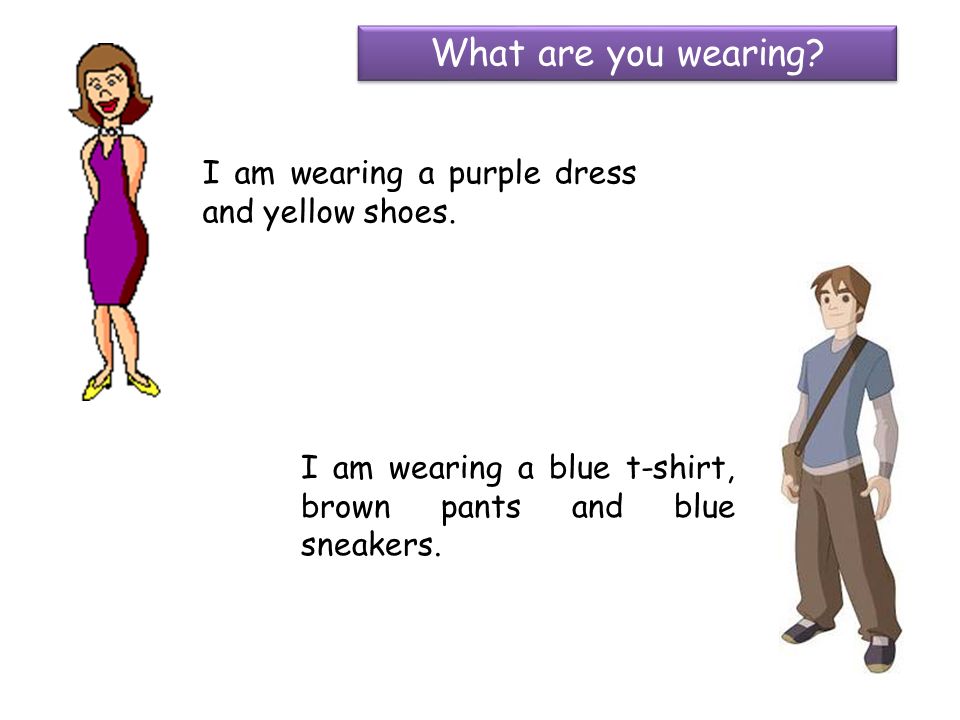I am wearing a purple dress and yellow shoes.