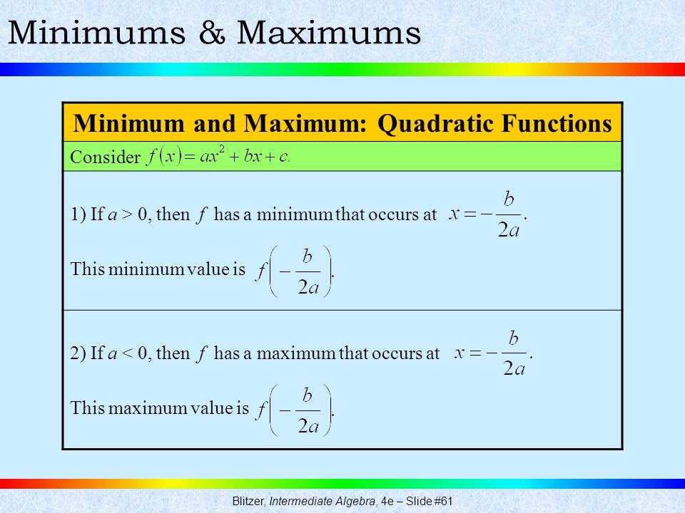 Blitzer, Intermediate Algebra, 4e – Slide #61 Minimums & Maximums Minimum and Maximum: Quadratic Functions Consider 1) If a > 0, then f has a minimum that occurs at This minimum value is 2) If a < 0, then f has a maximum that occurs at This maximum value is