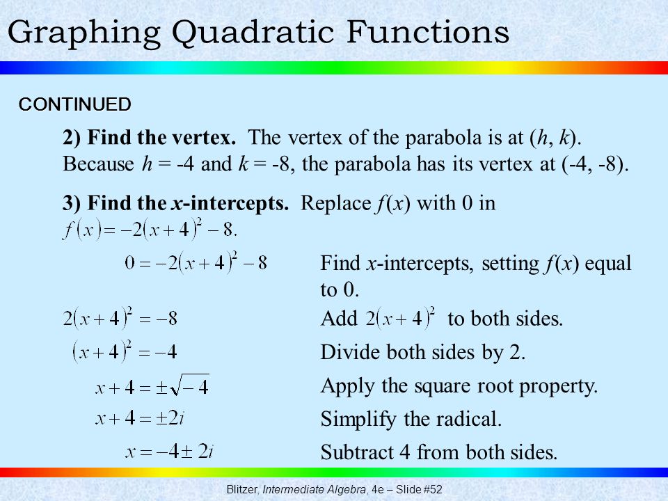 Graphing Quadratic Functions 2) Find the vertex. The vertex of the parabola is at (h, k).