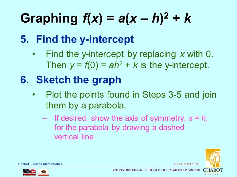 MTH55_Lec-51_sec_8-3a_Quadratic_Fcn_Graphs.ppt 17 Bruce Mayer, PE Chabot College Mathematics Graphing f(x) = a(x – h) 2 + k 5.Find the y-intercept Find the y-intercept by replacing x with 0.