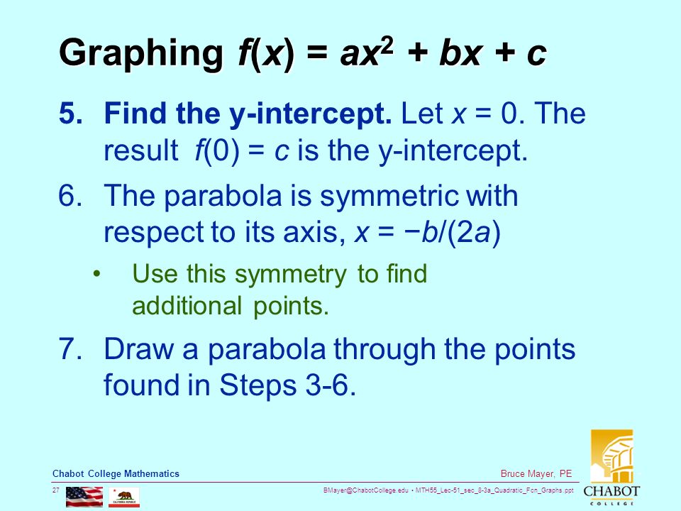 MTH55_Lec-51_sec_8-3a_Quadratic_Fcn_Graphs.ppt 27 Bruce Mayer, PE Chabot College Mathematics Graphing f(x) = ax 2 + bx + c 5.Find the y-intercept.