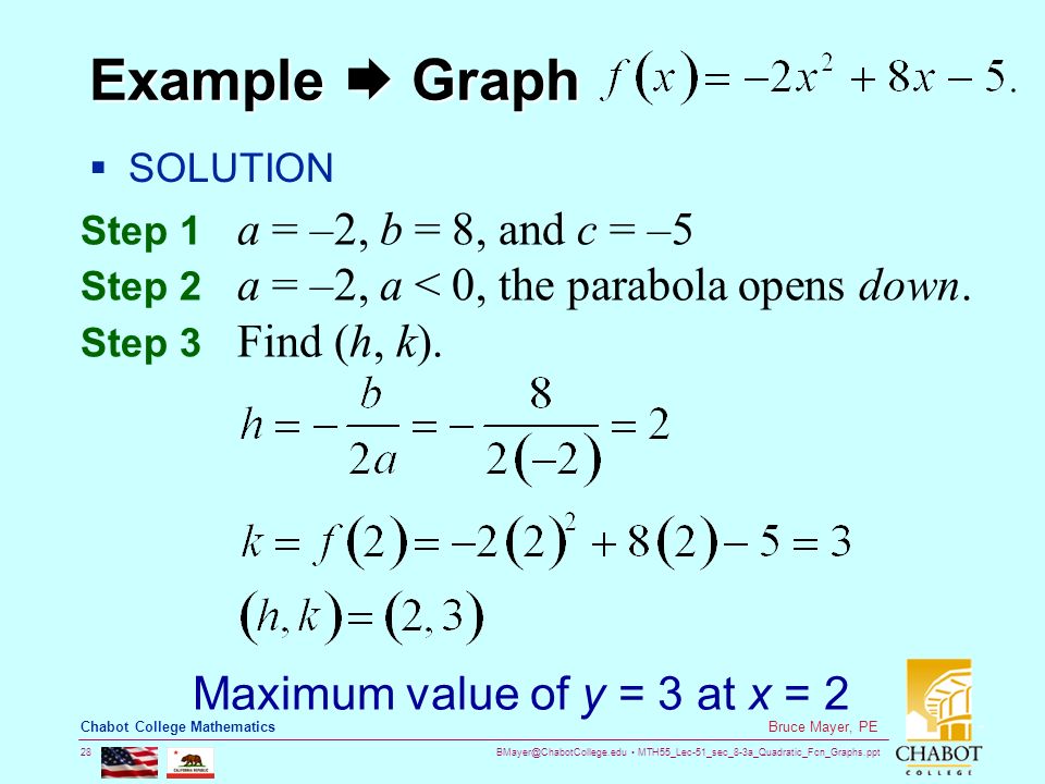 MTH55_Lec-51_sec_8-3a_Quadratic_Fcn_Graphs.ppt 28 Bruce Mayer, PE Chabot College Mathematics Example  Graph  SOLUTION Step 1 a = –2, b = 8, and c = –5 Step 2 a = –2, a < 0, the parabola opens down.