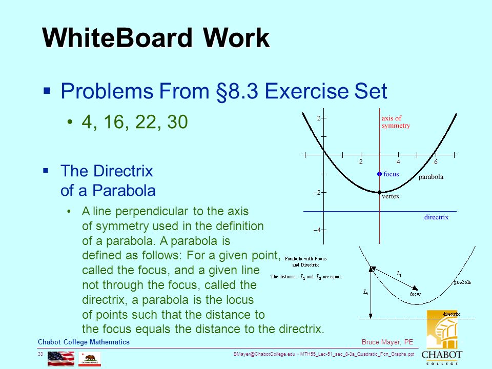 MTH55_Lec-51_sec_8-3a_Quadratic_Fcn_Graphs.ppt 33 Bruce Mayer, PE Chabot College Mathematics WhiteBoard Work  Problems From §8.3 Exercise Set 4, 16, 22, 30  The Directrix of a Parabola A line perpendicular to the axis of symmetry used in the definition of a parabola.