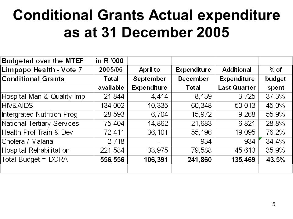 5 Conditional Grants Actual expenditure as at 31 December 2005