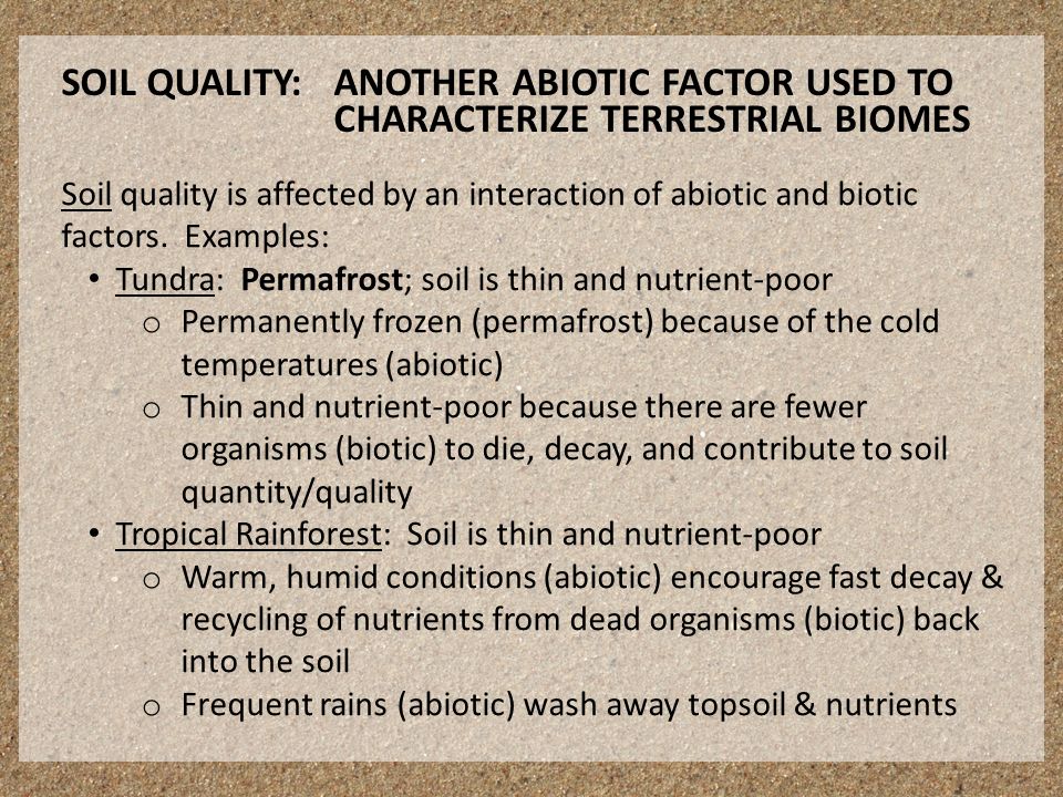 Soil quality is affected by an interaction of abiotic and biotic factors.