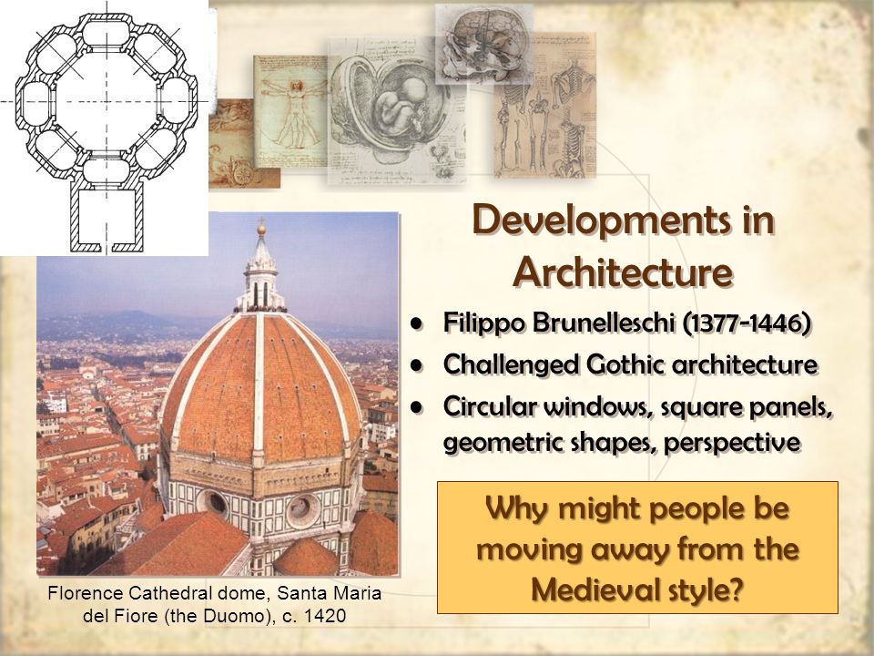 Developments in Architecture Filippo Brunelleschi ( ) Challenged Gothic architecture Circular windows, square panels, geometric shapes, perspective Florence Cathedral dome, Santa Maria del Fiore (the Duomo), c.
