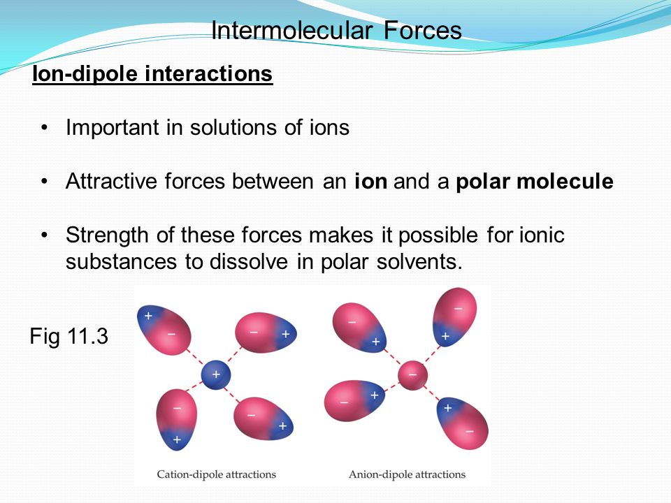 Ion-dipole interactions Important in solutions of ions Attractive forces between an ion and a polar molecule Strength of these forces makes it possible for ionic substances to dissolve in polar solvents.