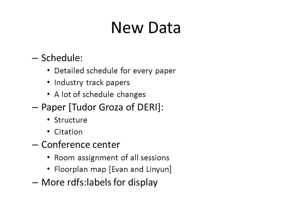 New Data – Schedule: Detailed schedule for every paper Industry track papers A lot of schedule changes – Paper [Tudor Groza of DERI]: Structure Citation – Conference center Room assignment of all sessions Floorplan map [Evan and Linyun] – More rdfs:labels for display