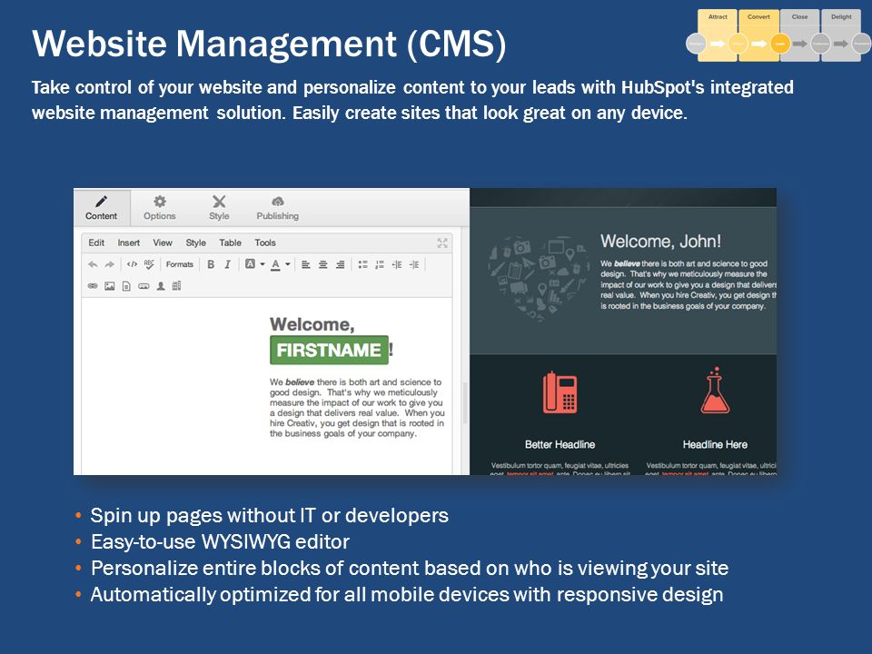 Website Management (CMS) Take control of your website and personalize content to your leads with HubSpot s integrated website management solution.