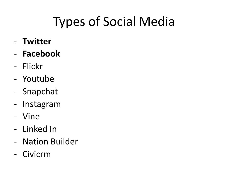 Types of Social Media -Twitter -Facebook -Flickr -Youtube -Snapchat -Instagram -Vine -Linked In -Nation Builder -Civicrm